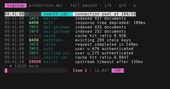ink-virtual-list demo: a log explorer scrolling 12,847 lines